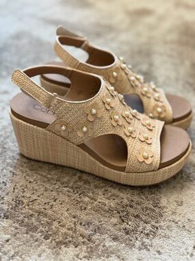 Corkys Raffia Floral Pearl Wedge Sandals